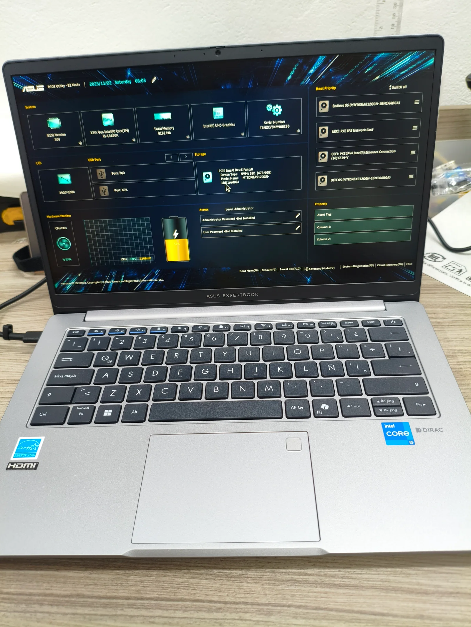 Laptop ASUS ExpertBook Intel Core i5 13va Gen con BIOS EZ Mode verificado Orion Gamers