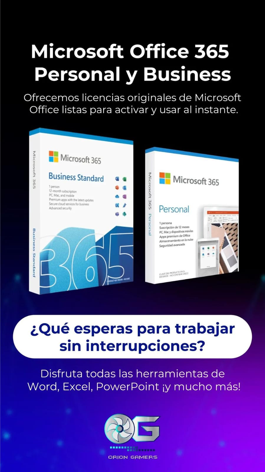 Licencia Microsoft 365 Personal y Business Standard Orion Gamers
